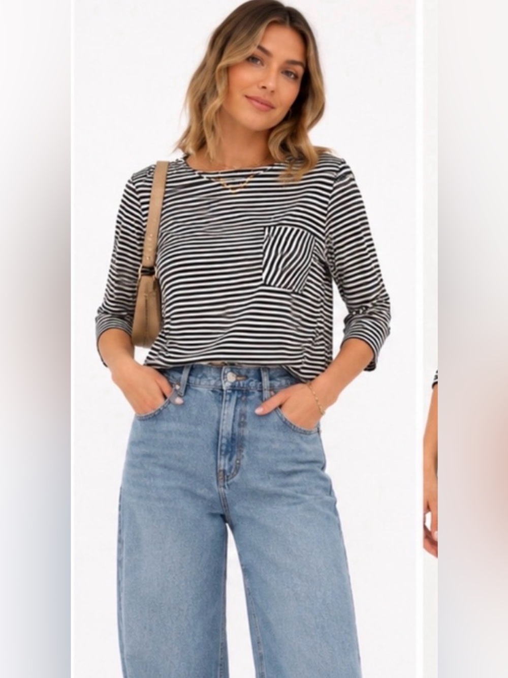 Elle Black and White Striped Crew Neck front pocket / small